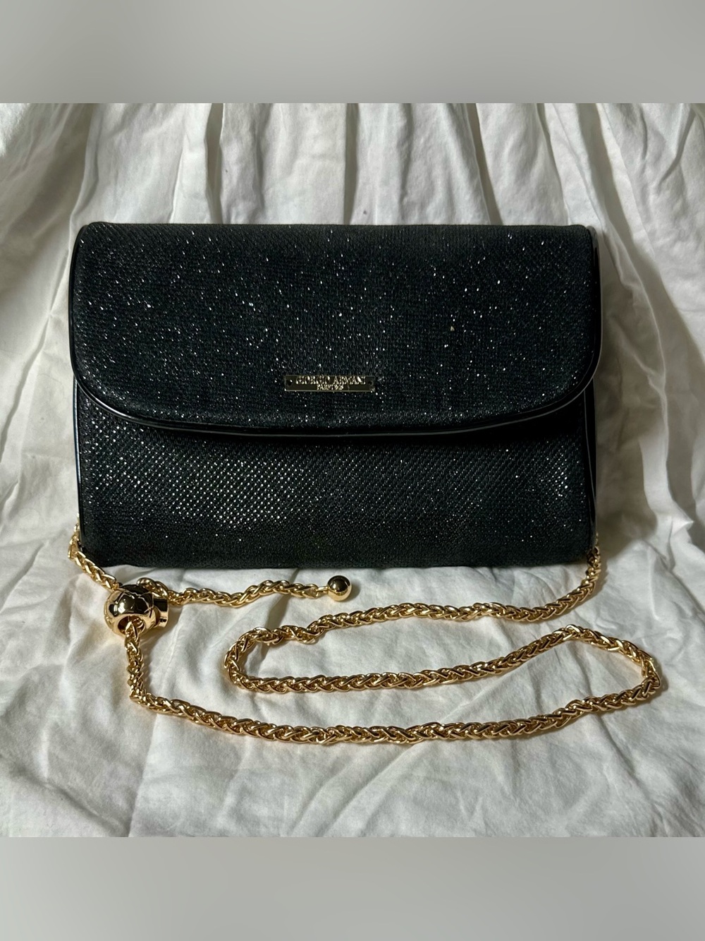 Giorgio Armani Parfums Black Glitter Flap Bag with Add -On Gold Chain GWP NWOT